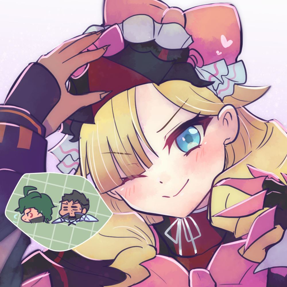 1girl, armor, black_armor, blonde_hair, blue_eyes, fire_emblem, fire_emblem_engage, frilled_headwear, griss_(fire_emblem), hair_over_one_eye, looking_at_viewer, marni_(fire_emblem), mauvier_(fire_emblem), medium_hair, okomekbt, red_armor, smile, solo, two-tone_headwear
