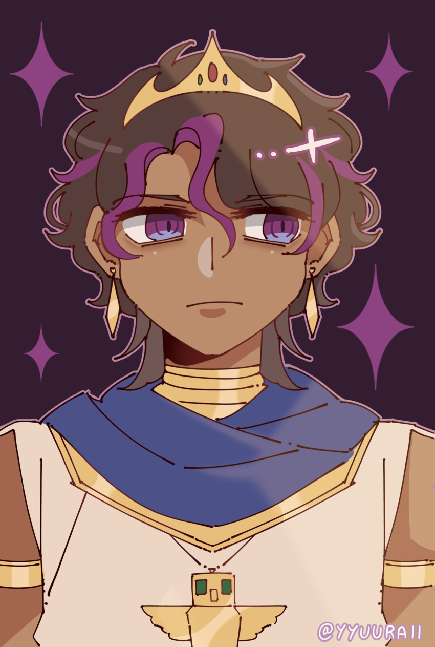 1boy, ancient_egyptian_clothes, black_hair, commentary, crown, dark-skinned_male, dark_skin, earrings