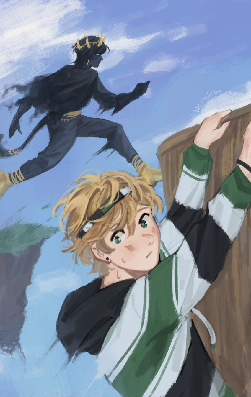 2boys, absurdres, animification, black_hair, black_skin, blonde_hair, cape, cliff, colored_skin, commentary, crown, english_commentary, evbo, evbo's_master_friend, green_eyes, headband, highres, hood, hood_down, hoodie, jumping, male_focus, minecraft_youtube, multiple_boys, normiree, parkour, parkour_civilization, running, short_hair, striped_clothes, striped_hoodie