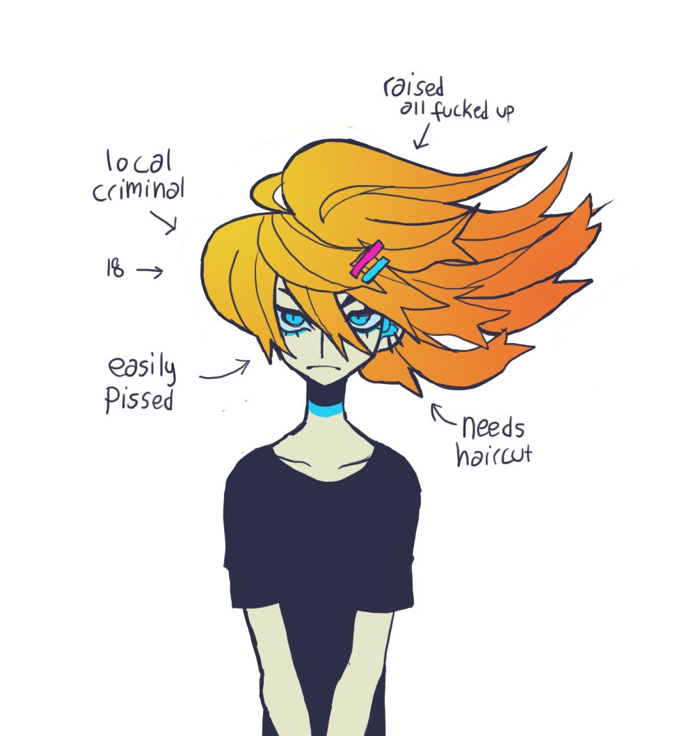 0saippua, 1boy, black_shirt, blue_eyes, closed_mouth, cyborg, cyborg_009, english_text, hair_between_eyes, hair_ornament, hairclip, jet_link, long_hair, looking_at_viewer, orange_hair, otoko_no_ko, piercing, shirt, simple_background, solo, upper_body, white_background