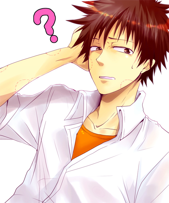 bad_id, brown_eyes, brown_hair, injury, kamijou_touma, meltdown0802, shirt, spiked_hair