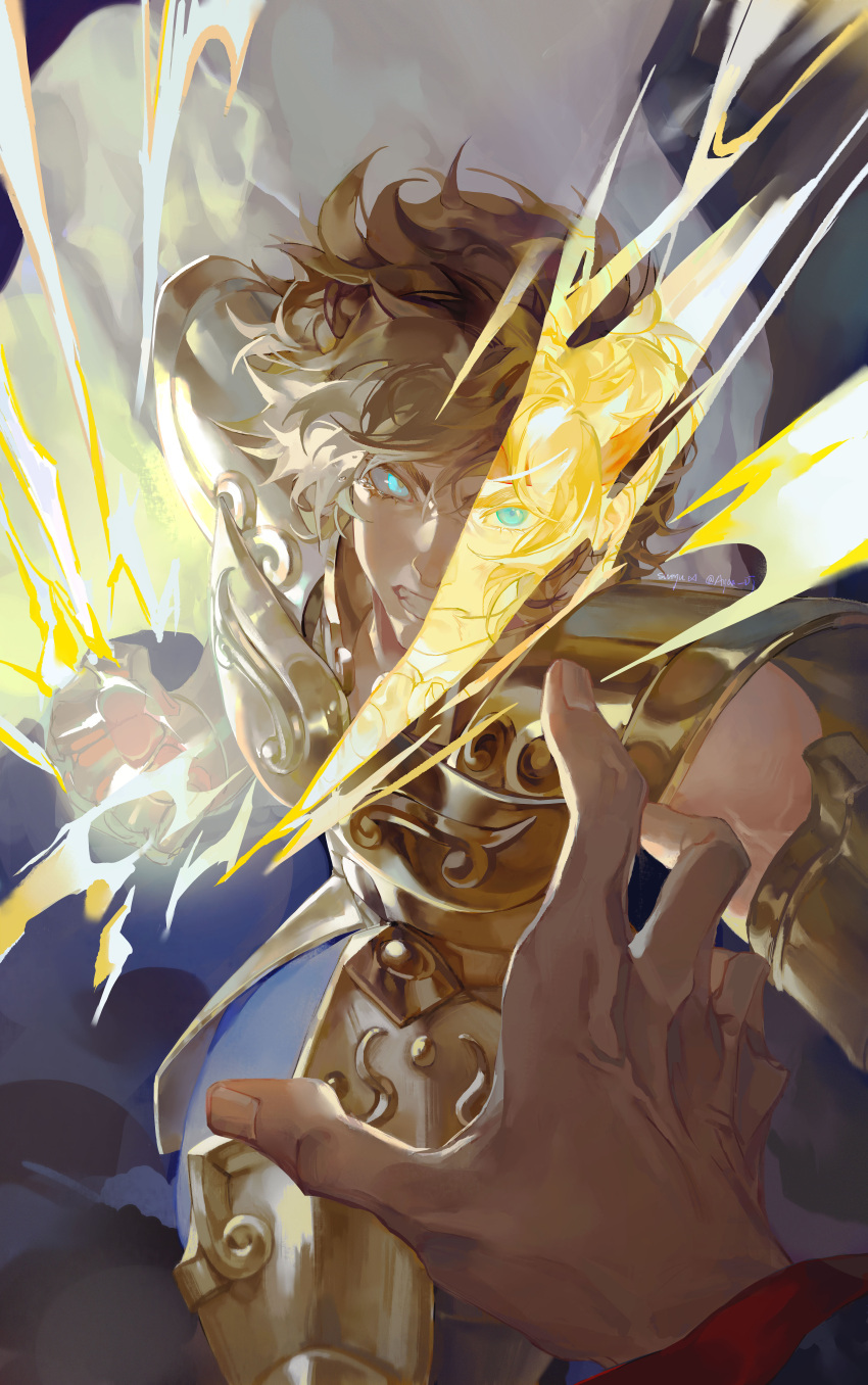 1boy, absurdres, armor, ayaa_dj, blonde_hair, blue_eyes, cape, clenched_hand