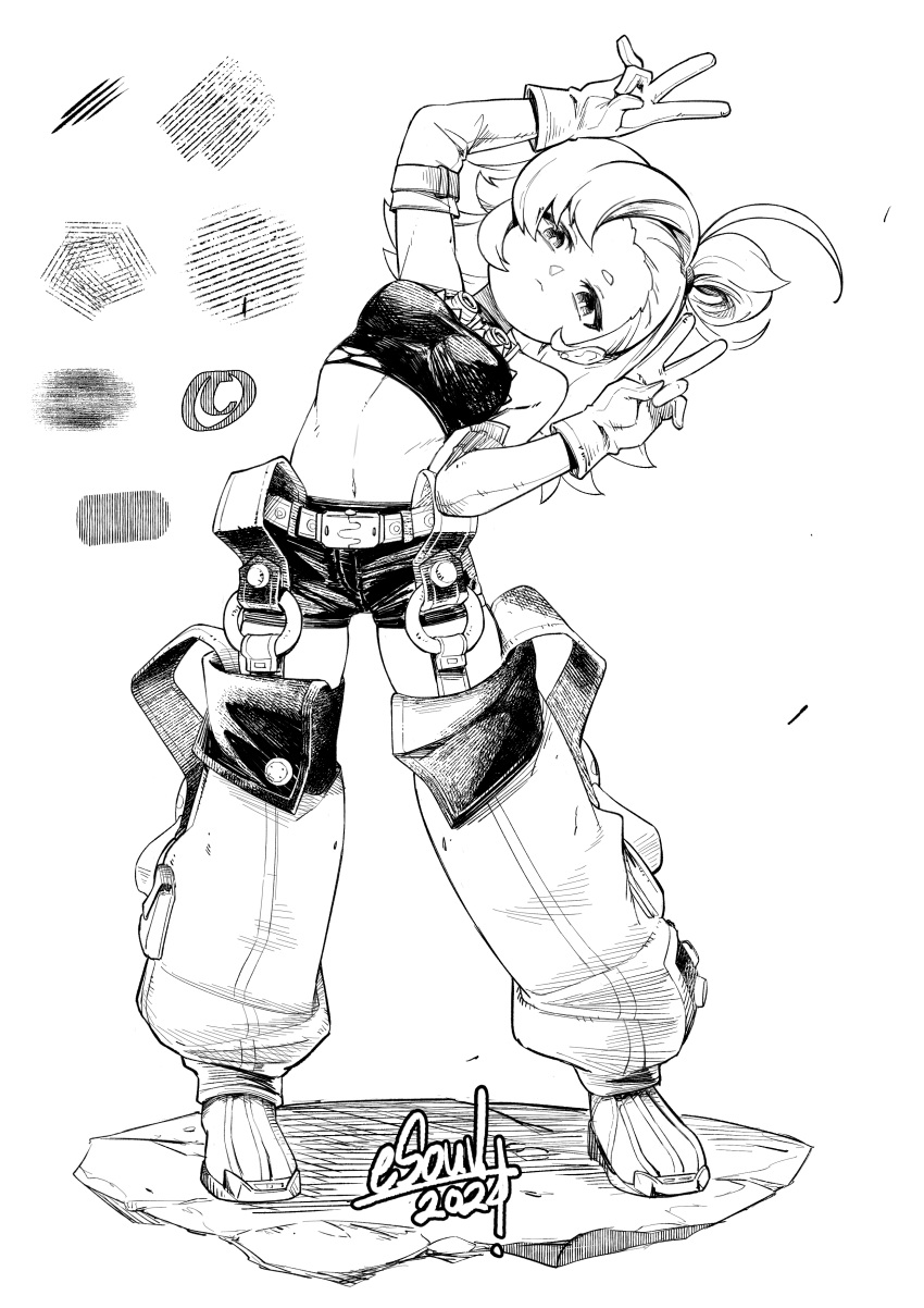 1girl, 2024, absurdres, arms_up, belt, breasts, commentary_request, crop_top