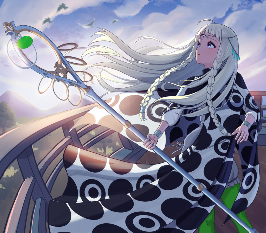 1girl, :o, ahoge, animal, bird, blonde_hair, blue_sky, braid, clouds, commentary_request, dark-skinned_female, dark_skin, dress, eupha_(metaphor:_refantazio), floating_hair, green_pantyhose, highres, holding, holding_staff, long_hair, looking_up, metaphor:_refantazio, outdoors, pantyhose, polka_dot, polka_dot_dress, ru_wan_chi, sky, solo, staff, sunlight, third_eye, twin_braids, white_dress