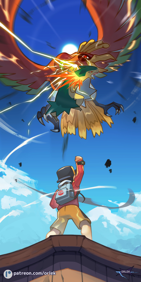 1boy, backpack, backwards_hat, bag, bird, clouds, commentary, day