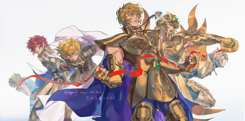 6+boys, absurdres, age_progression, aged_down, armor, ayaa_dj, back, back_turned, blonde_hair, blue_cape, cape, child, clenched_hand, clenched_hands, clenched_teeth, facial_hair, gem, gold_armor, gold_helmet, gold_saint, golden_wings, green_gemstone, highres, holding, holding_ribbon, jewelry, leo_aiolia, male_focus, multiple_boys, multiple_persona, necklace, official_alternate_hair_color, purple_hair, red_ribbon, redhead, ribbon, saint_seiya, saint_seiya:_legend_of_sanctuary, saint_seiya:_soul_of_gold, short_hair, string, string_of_fate, stubble, teeth, two-sided_cape, two-sided_fabric, w_arms, white_background, white_cape, wide-eyed, wings
