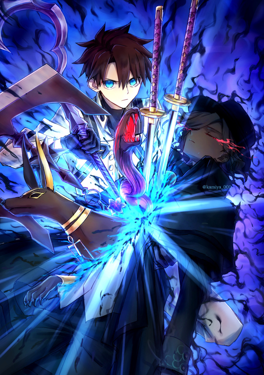 2boys, black_gloves, black_hair, black_hat, blue_eyes, closed_eyes, closed_mouth, commentary_request