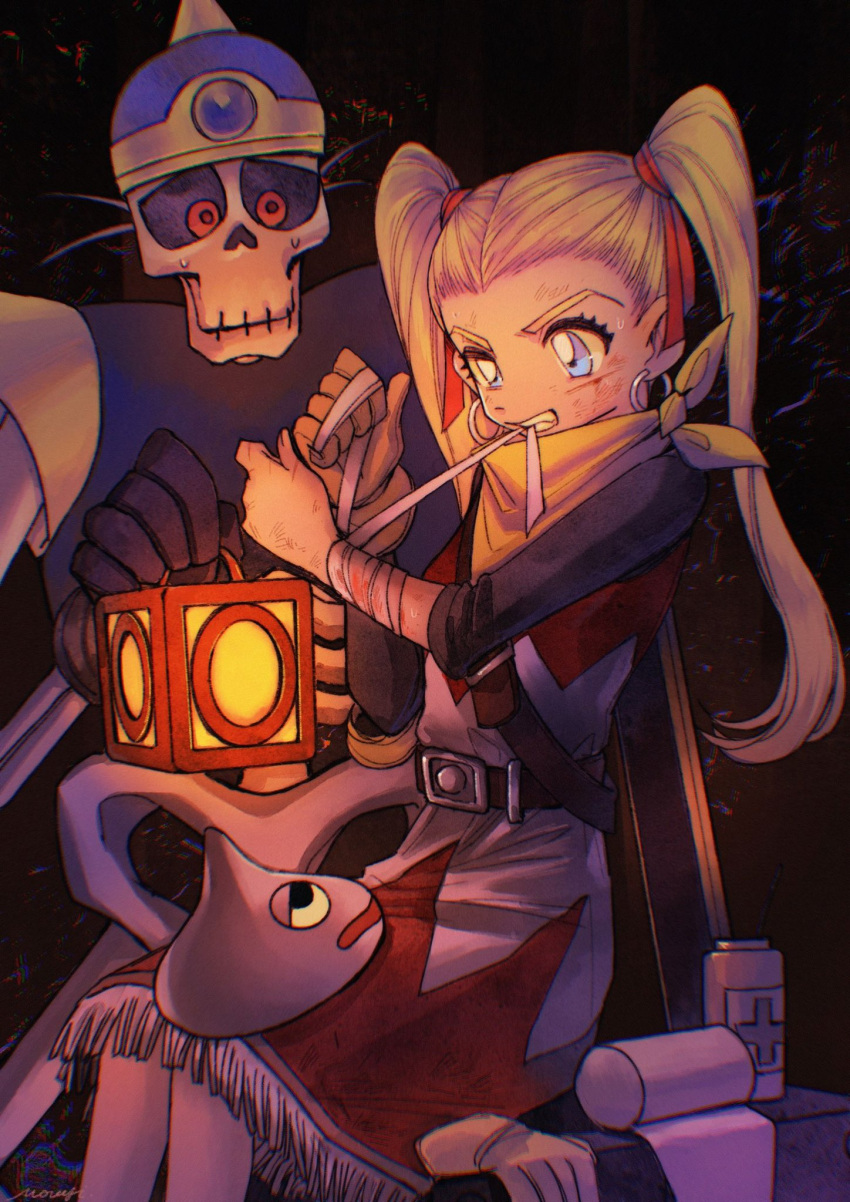 1girl, 2boys, applying_bandages, armor, black_gloves, blonde_hair, blood, blood_on_arm