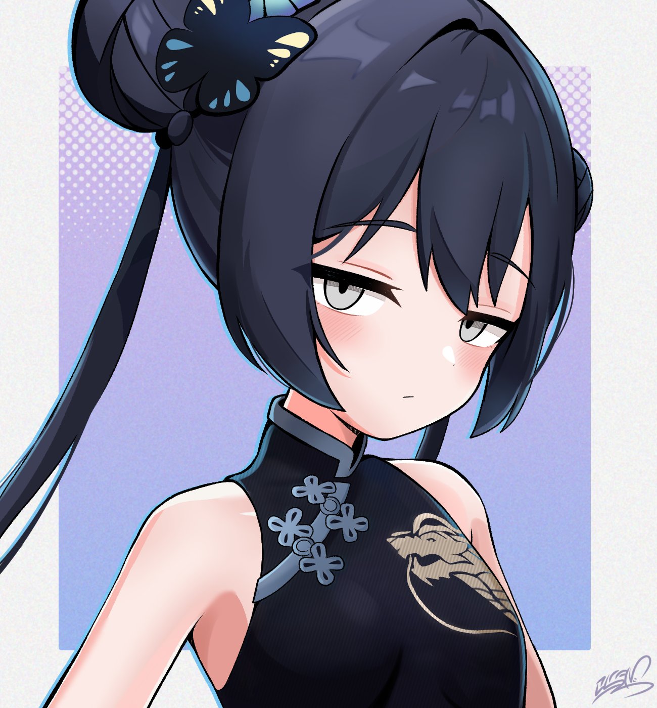 1girl, :/, black_dress, black_hair, blue_archive, braid, braided_bun, butterfly_hair_ornament