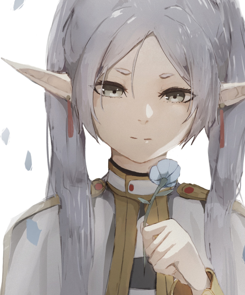 1girl, absurdres, blue_flower, capelet, closed_mouth, earrings, elf, falling_petals