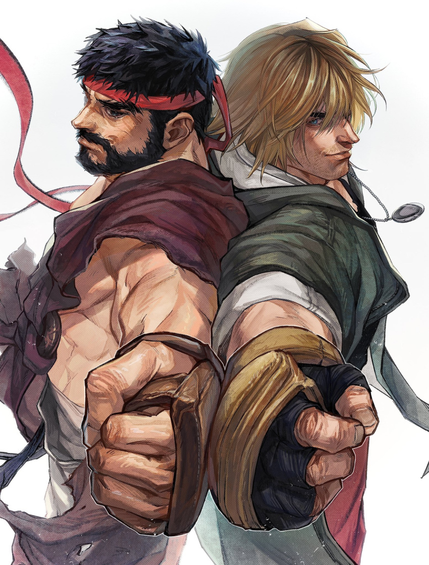 2boys, beard, beard_stubble, black_hair, blonde_hair, facial_hair, fingerless_gloves, gloves