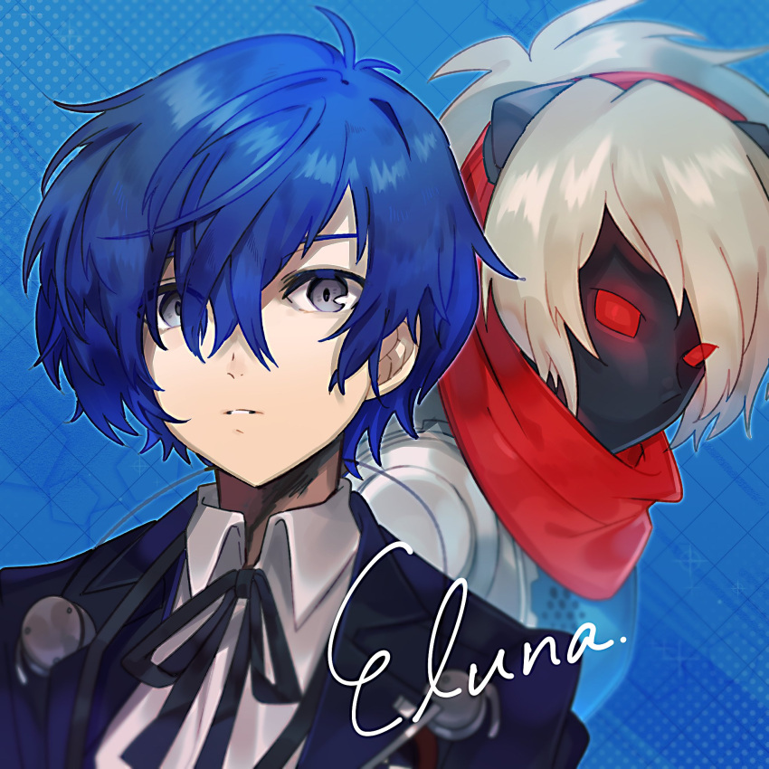 2boys, black_jacket, black_ribbon, black_skin, blue_background, blue_hair, collared_shirt, colored_skin