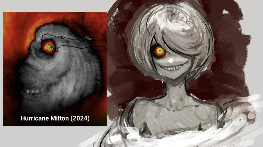 1girl, black_sclera, cheenmachine2, colored_sclera, grin, hair_over_one_eye, highres, hurricane_milton, looking_at_viewer, photo_inset, real_life, reference_inset, short_hair, smile, upper_body, white_hair