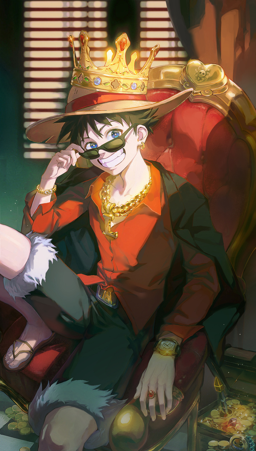 1boy, absurdres, adjusting_eyewear, belt_buckle, black_hair, black_jacket, blue_eyes, bracelet