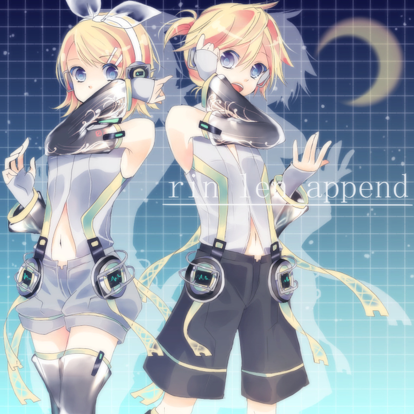 blonde_hair, blue_eyes, brother_and_sister, character_name, cosmos, detached_sleeves, grid, hair_ornament, hair_ribbon, hairclip, hand_on_headphones, headphones, highres, kagamine_len, kagamine_len_(append), kagamine_rin, kagamine_rin_(append), leg_warmers, navel, navel_cutout, popped_collar, ribbon, short_hair, shorts, siblings, thighhighs, twins, vocaloid, vocaloid_append