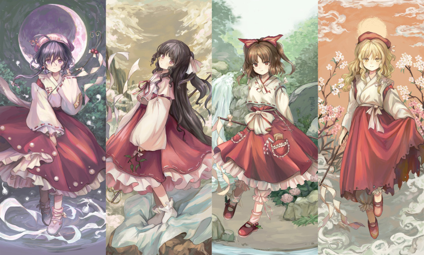 4girls, absurdres, ahoge, ankle_socks, beret, black_hair, blonde_hair, blonde_shrine_maiden_from_a_future_era_(touhou)