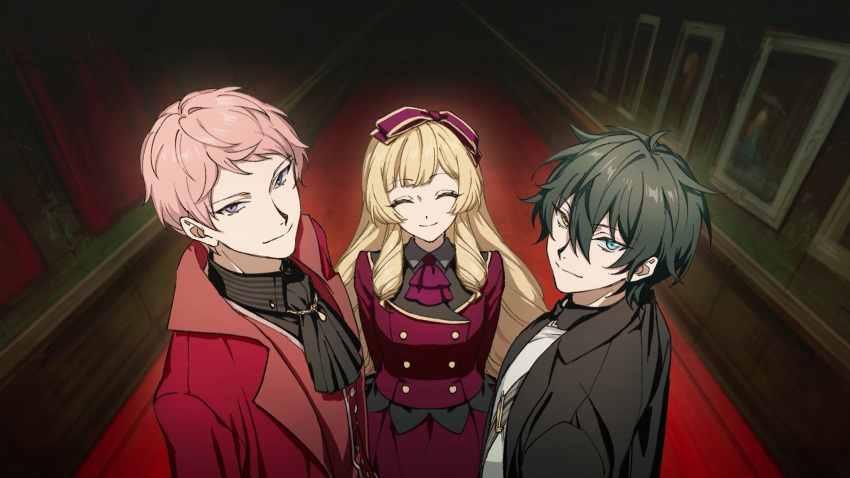 1girl, 2boys, ^_^, arms_behind_back, ascot, bishounen, black_ascot, black_coat
