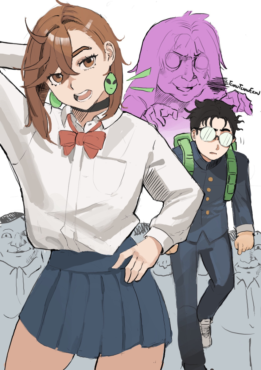 1boy, 1girl, alien, arm_behind_head, arm_up, ayase_momo, backpack, bag