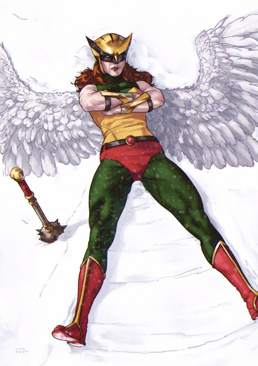 1girl, absurdres, boots, crossed_arms, dc_comics, dima_ivanov, feathered_wings, green_pants, hawkgirl, helmet, highres, long_hair, lying, mace, on_back, panties, pants, red_footwear, red_panties, redhead, shayera_hol, shirt, sleeveless, sleeveless_shirt, snow, solo, spiked_mace, spikes, underwear, weapon, white_wings, wings, yellow_shirt