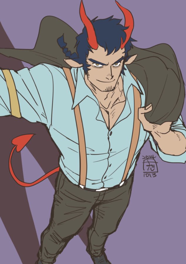 1boy, all_saints_street, animal_ears, black_hair, braid, braided_ponytail, collared_shirt, commentary_request, dated, demon, demon_horns, demon_tail, facial_hair, goat_ears, goatee_stubble, horns, jacket, kokorozashi, looking_at_viewer, male_focus, nick_holt, pectoral_cleavage, pectorals, purple_background, shirt, solo, stubble, suspenders, tail, unworn_jacket, yellow_eyes