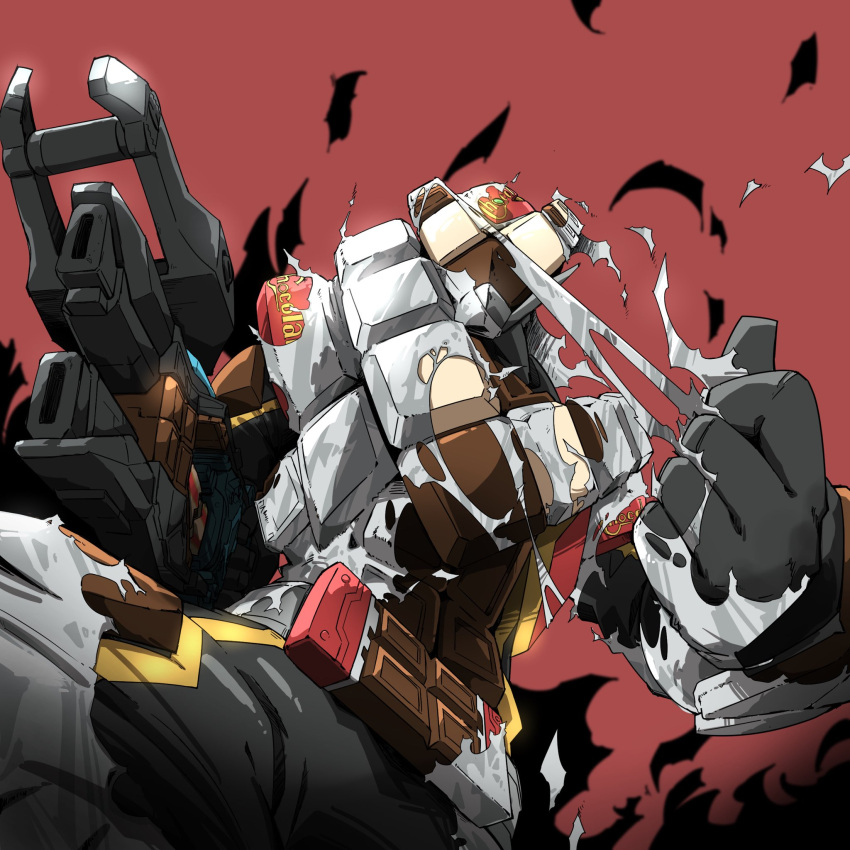 1boy, armor, bodysuit, brown_armor, chocodon_(white_chocolate), chocolate, full_armor, gloves