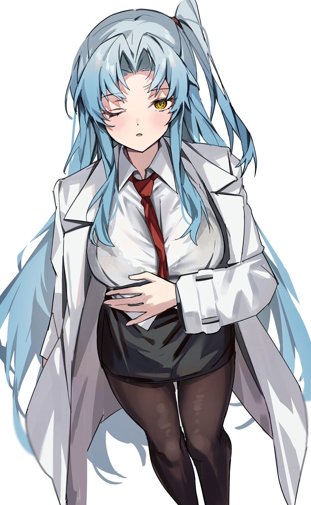 1girl, angela_(project_moon), black_jacket, blue_hair, breasts, coat, highres, jacket