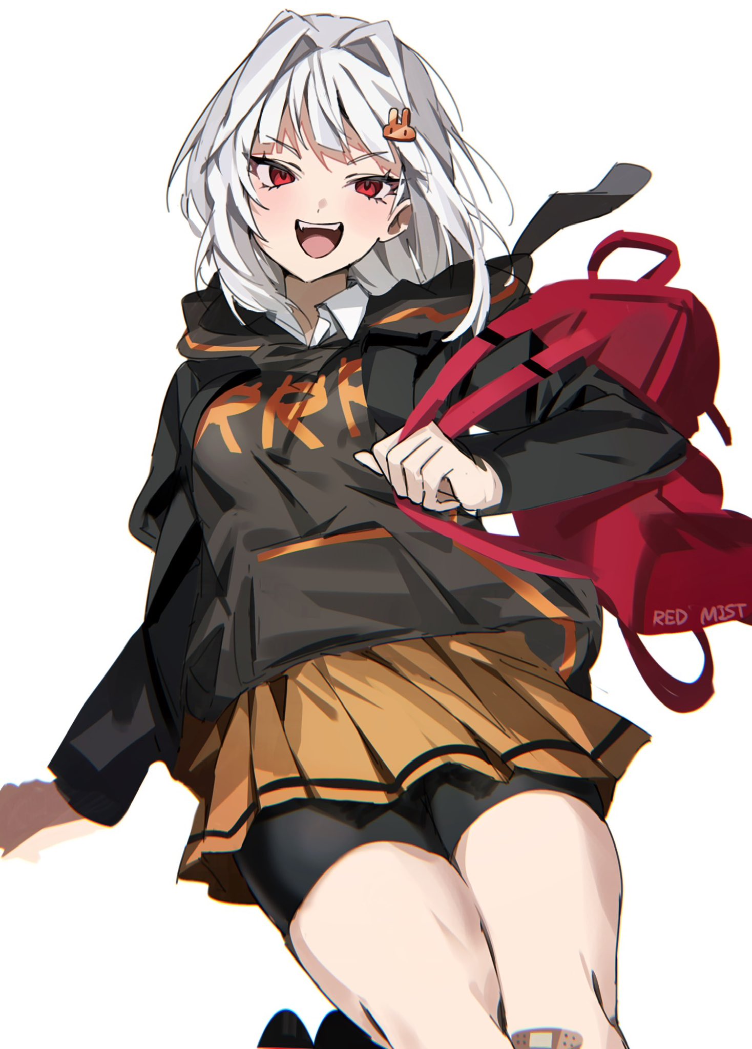 1girl, alternate_costume, bandaged_leg, bandages, bike_shorts, black_shorts, breasts, grey_hoodie
