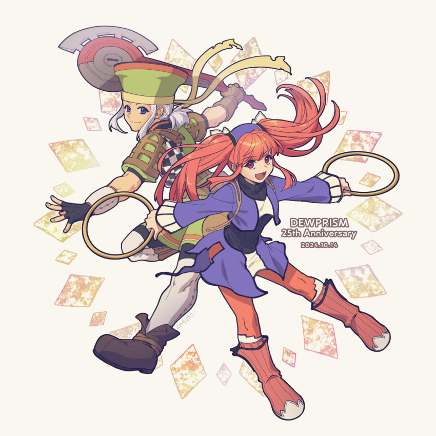 1boy, 1girl, anniversary, axe, boots, chakram, dewprism, dress