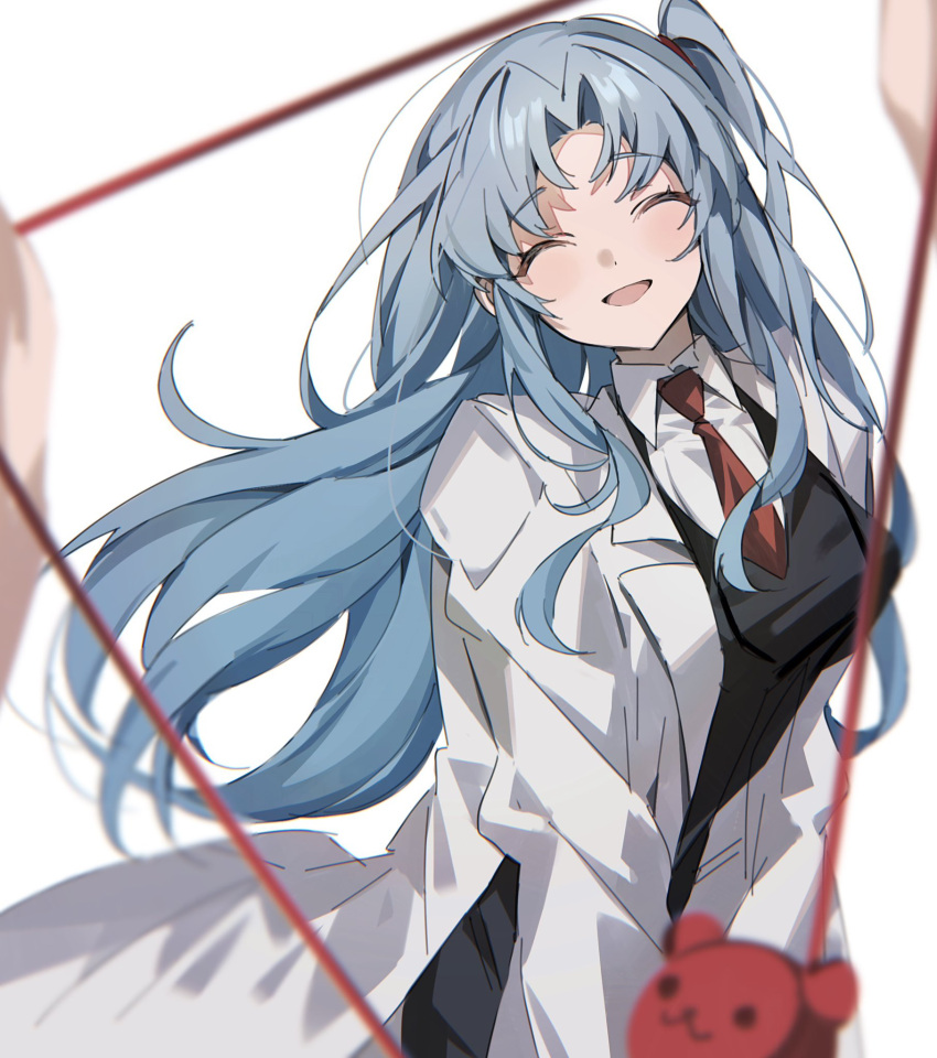 1girl, angela_(project_moon), black_jacket, blue_hair, breasts, closed_eyes, coat, finger_frame