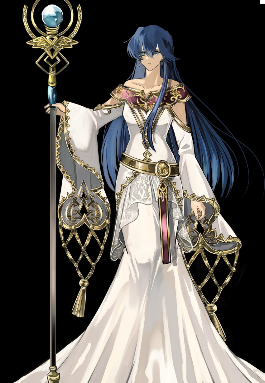 1girl, black_background, blue_eyes, blue_hair, commentary, dress, earrings, elice_(fire_emblem)