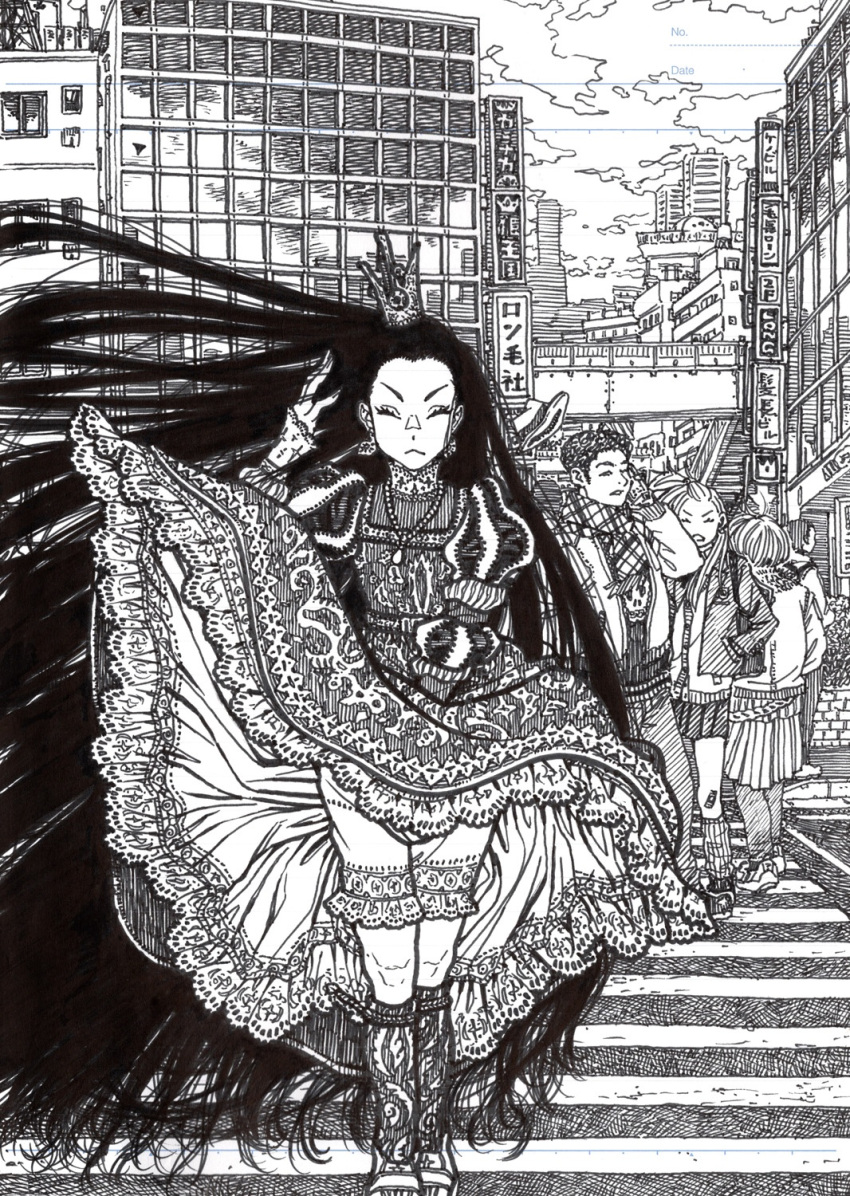 1girl, bloomers, city, closed_eyes, clouds, crosswalk, crowd, crown