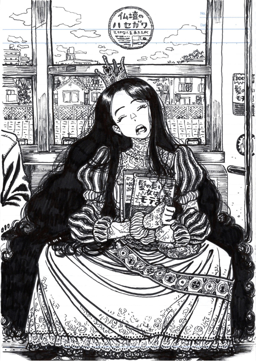 1boy, 1girl, book, closed_eyes, crown, dress, greyscale, highres
