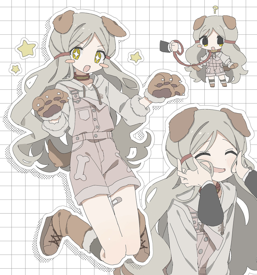 +_+, 01sh110sush1, 1girl, ?, animal_collar, animal_hands, bandaid_on_thigh, blush