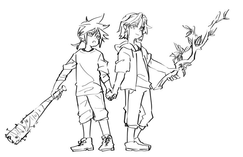 2boys, :o, aged_down, alternate_costume, baseball_bat, branch, child, cloud_strife