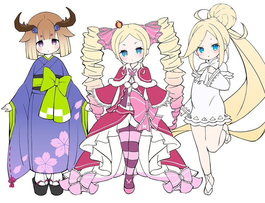 3girls, ahoge, beatrice_(re:zero), blonde_hair, blue_eyes, blush, blush_stickers, boat_shoes