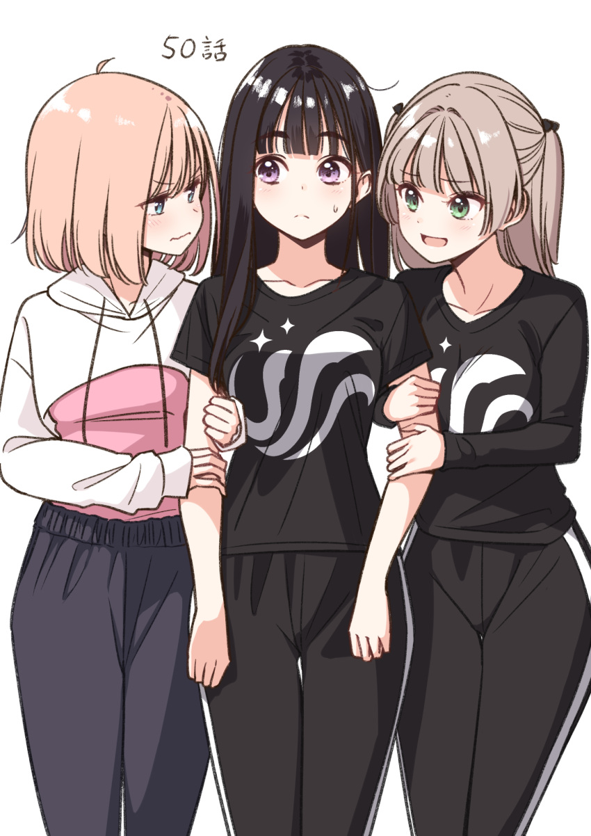 3girls, black_hair, black_shirt, blonde_hair, blue_eyes, brown_hair, green_eyes, highres