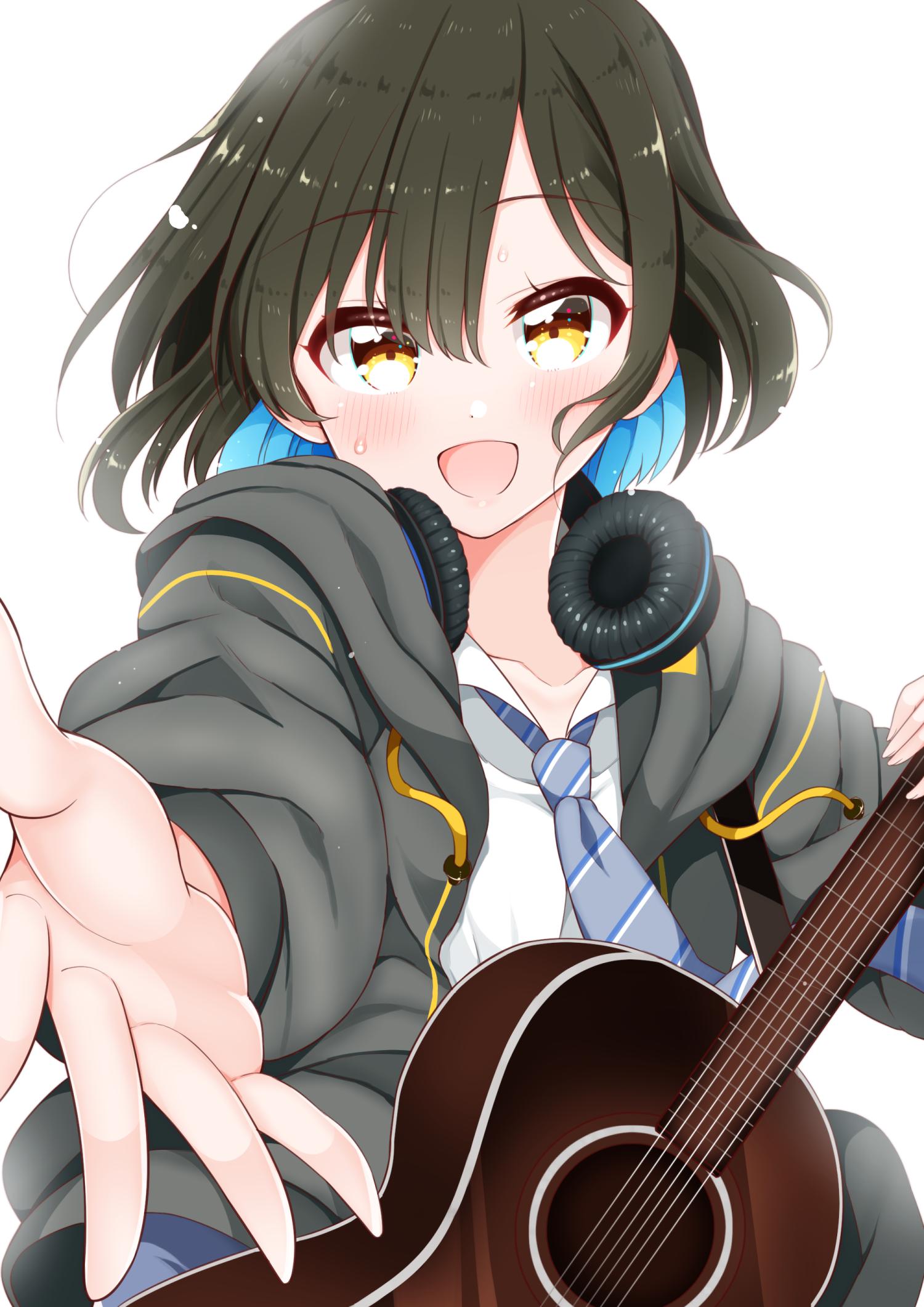 1girl, :d, acoustic_guitar, arato_asato, blue_hair, blue_necktie, blush, brown_hair
