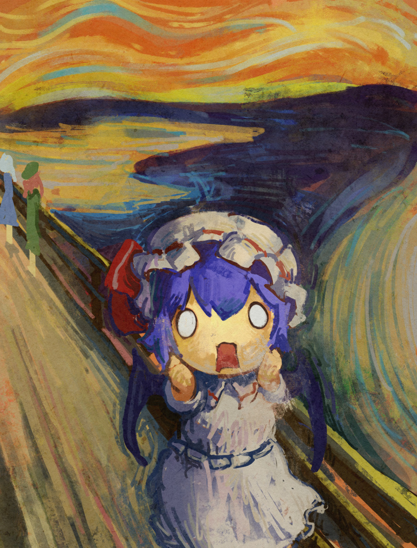 3girls, bat_wings, bikkurumi_(doll), collared_shirt, fine_art_parody, ge_dazuo, hands_on_own_cheeks, hands_on_own_face, hat, highres, hong_meiling, izayoi_sakuya, looking_at_viewer, mob_cap, multiple_girls, open_mouth, orange_sky, outdoors, parody, purple_hair, railing, red_ribbon, remilia_scarlet, ribbon, ribbon-trimmed_headwear, ribbon_trim, shirt, short_sleeves, skirt, sky, solid_circle_eyes, standing, the_scream, touhou, white_hat, white_shirt, white_skirt, wings