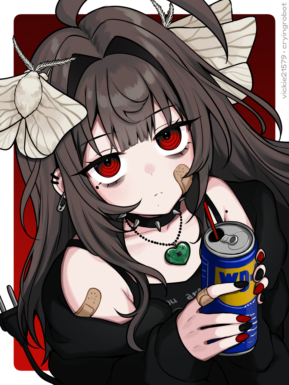 1girl, ahoge, animal_on_head, artist_name, bags_under_eyes, bandaid, bandaid_on_arm, bandaid_on_cheek, bandaid_on_face, bandaid_on_hand, bare_shoulders, black_jacket, black_nails, border, brown_hair, bug, cable, cable_tail, can, choker, circuit_board, closed_mouth, commentary, drink_can, drinking_straw, ear_piercing, electric_plug, electric_plug_tail, hair_intakes, heart, heart_necklace, highres, holding, holding_can, jacket, jewelry, long_hair, long_sleeves, looking_at_viewer, mechanical_tail, mole, mole_under_eye, moth, nail_polish, necklace, off_shoulder, on_head, original, outside_border, piercing, red_background, red_eyes, red_nails, ringed_eyes, safety_pin, solo, spiked_choker, spikes, tail, two-tone_nails, upper_body, vickie_(cryingrobot), vickie_(cryingrobot)_(character), wd-40, white_border