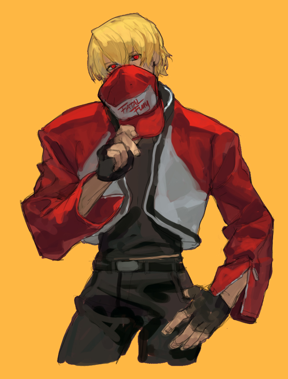 1boy, black_pants, black_shirt, blonde_hair, covering_own_mouth, cropped_jacket, cropped_legs, fatal_fury