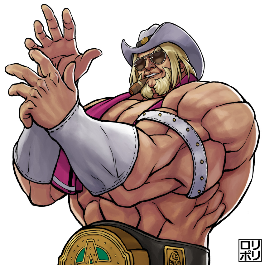 1boy, abs, antonov_(kof), arm_strap, beard, belt, blonde_hair, bracer