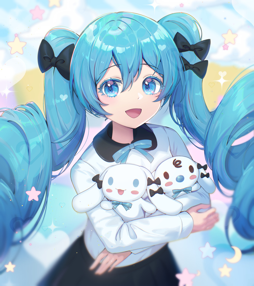 1girl, :d, absurdres, aqua_hair, black_bow, black_skirt, blue_eyes, blurry, blurry_background, bow, cinnamiku, cinnamoroll, clouds, colored_eyelashes, crescent, hair_bow, hatsune_miku, heart, highres, holding, kozou_kazaru, long_sleeves, looking_at_viewer, open_mouth, sanrio, shirt, skirt, sleeves_past_wrists, smile, star_(symbol), twintails, vocaloid, white_shirt