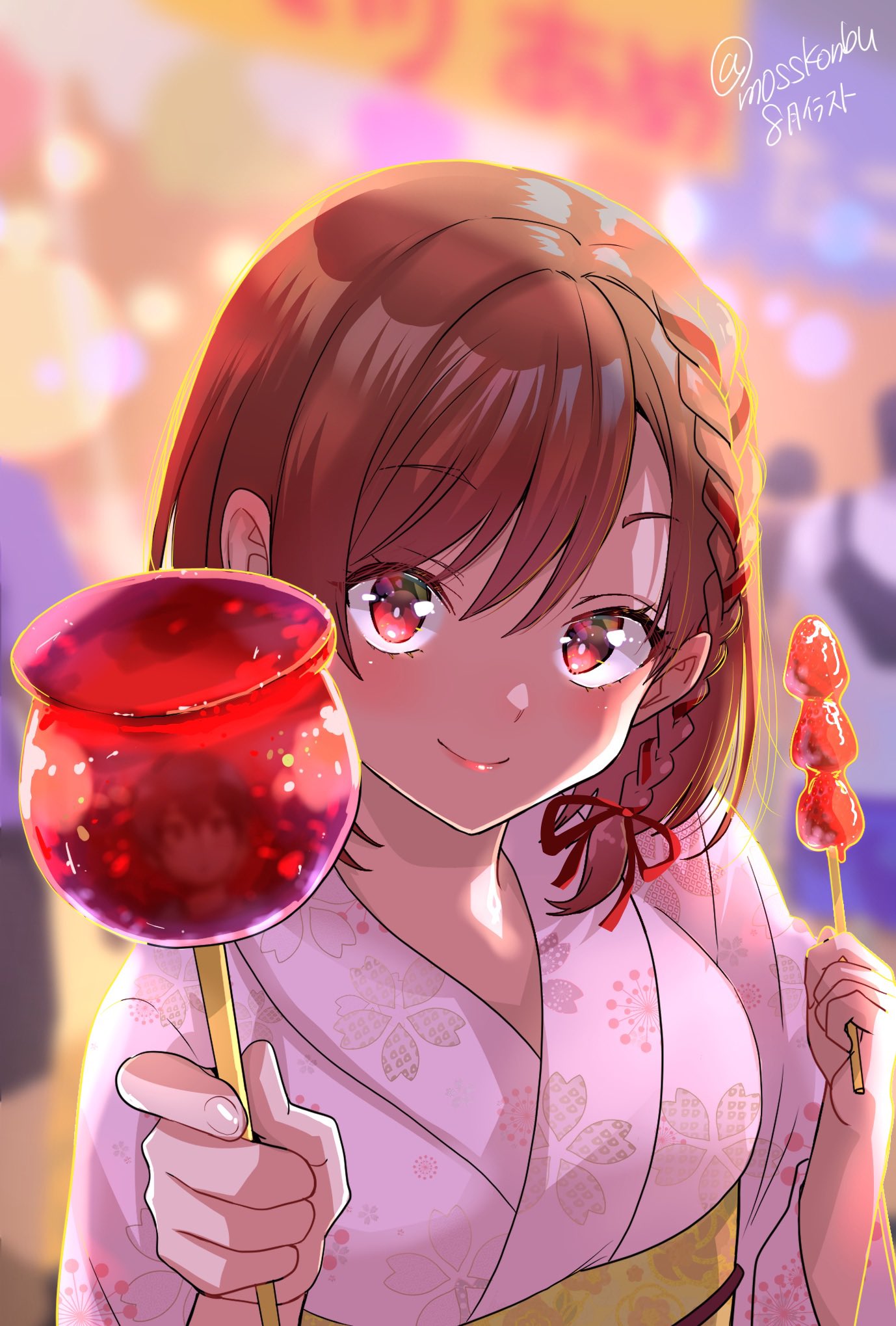 1girl, blurry, blurry_background, braid, breasts, brown_hair, candy_apple, class_no_daikirai_na_joshi_to_kekkon_suru_koto_ni_natta