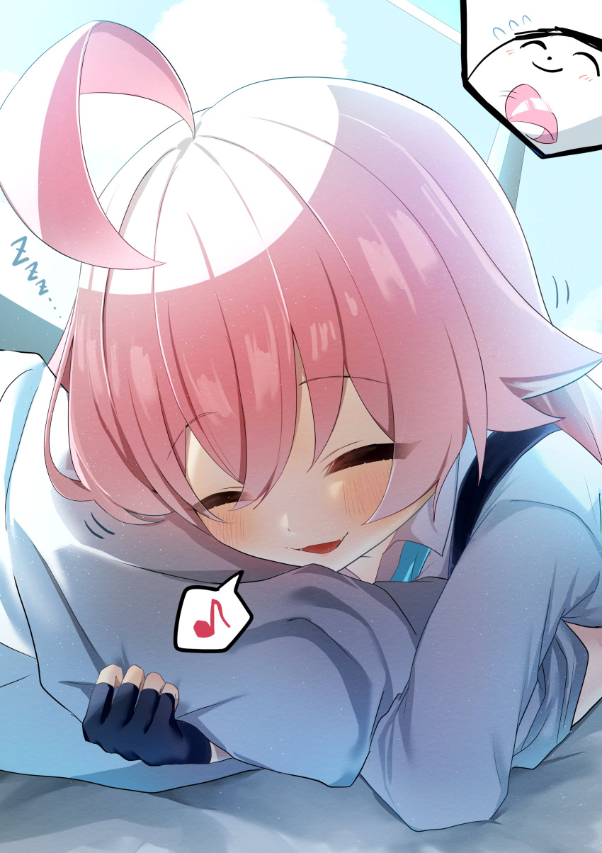1boy, 1girl, absurdres, ahoge, aqua_necktie, arm_hug, black_gloves, blue_archive, blush, closed_eyes, commentary_request, doodle_sensei_(blue_archive), fingerless_gloves, flying_sweatdrops, gloves, hair_between_eyes, highres, hoshino_(blue_archive), huge_ahoge, koroyarou, long_hair, long_sleeves, lying, necktie, open_mouth, pink_hair, sensei_(blue_archive), shirt, sleeping, sleeping_on_person, smile, solo_focus, white_shirt, zzz