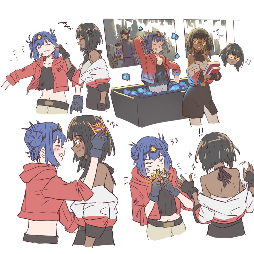 2girls, anger_vein, angry, anjuro_zeeku, black_hair, black_shirt, blue_eyes, blue_hair