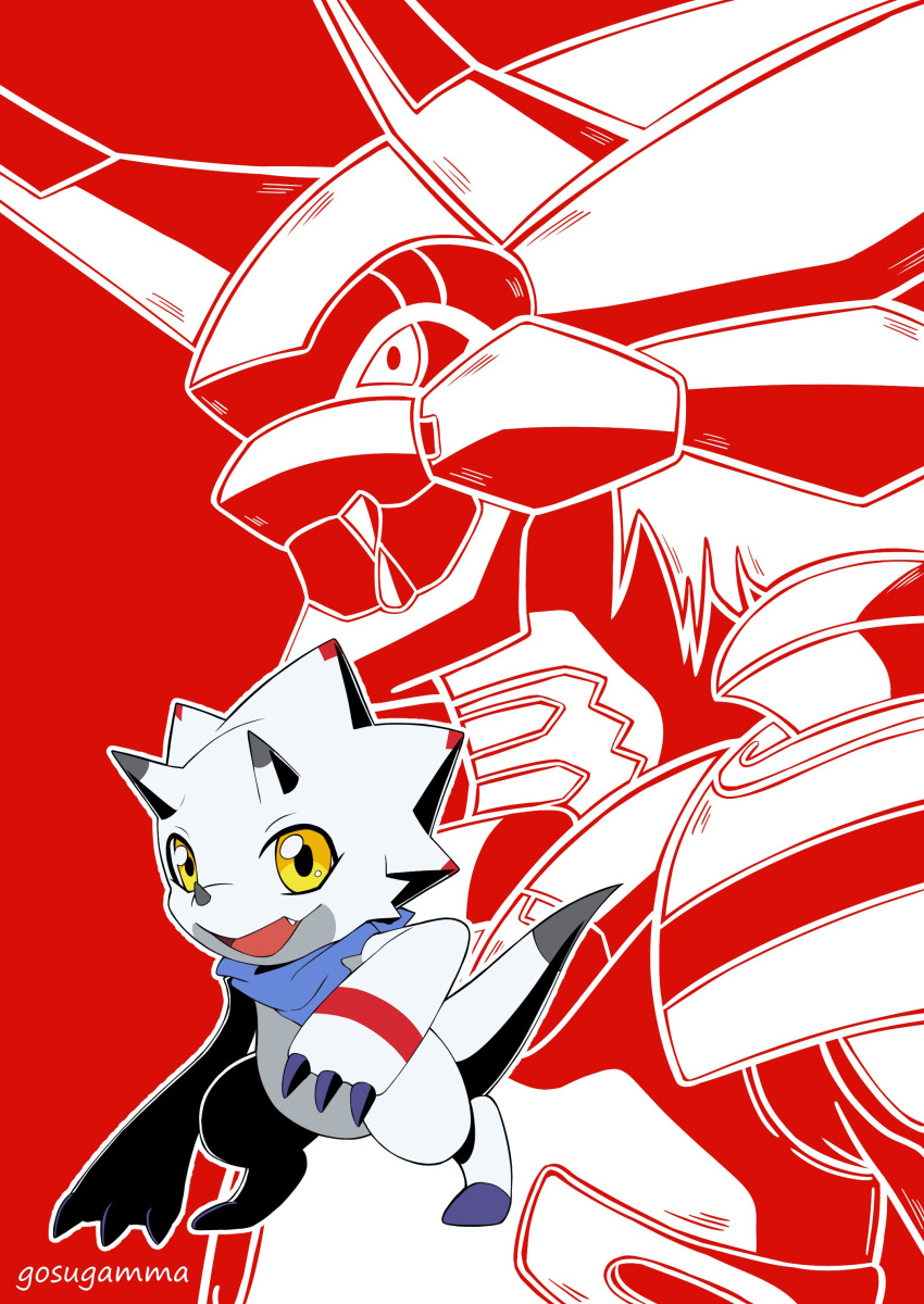 absurdres, bandana, bandana_around_neck, blue_bandana, digimon, digimon_(creature), dragon, evolutionary_line, full_body, gammamon, highres, horns, houei4, red_background, siriusmon, triceratops, yellow_eyes