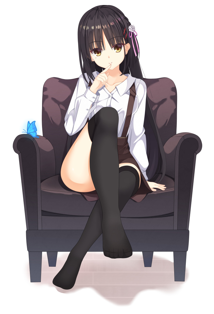 1girl, absurdres, arm_at_side, armchair, black_hair, black_thighhighs, blue_butterfly, brown_skirt