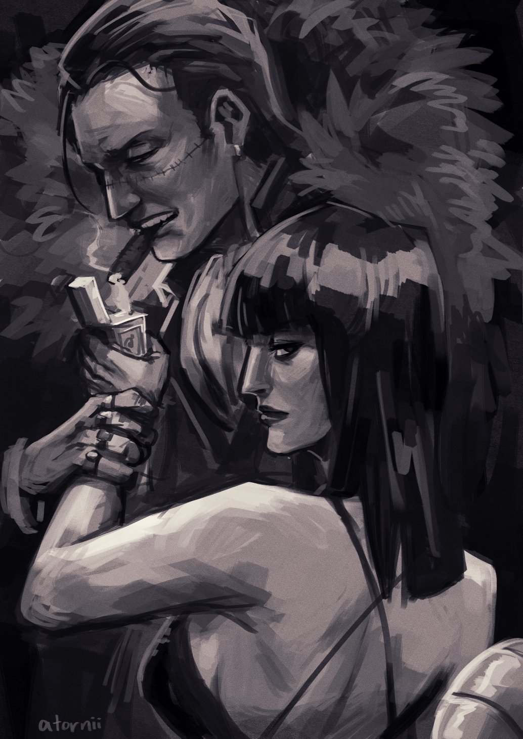 1boy, 1girl, attyattlaw, blunt_bangs, closed_mouth, coat, commentary, criss-cross_back-straps
