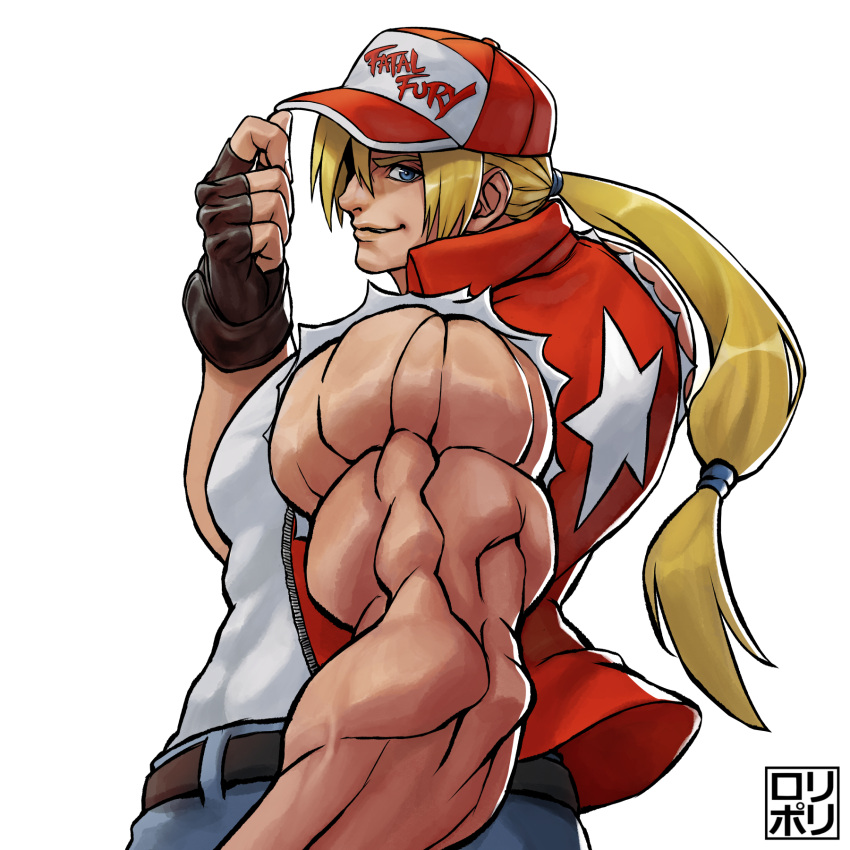 1boy, adjusting_clothes, adjusting_headwear, baseball_cap, belt, black_belt, black_gloves, blonde_hair