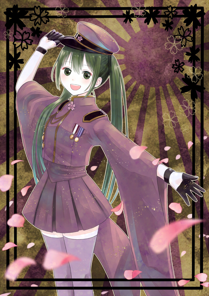 1girl, adjusting_clothes, adjusting_headwear, cherry_blossoms, commentary_request, gloves, green_eyes, green_hair